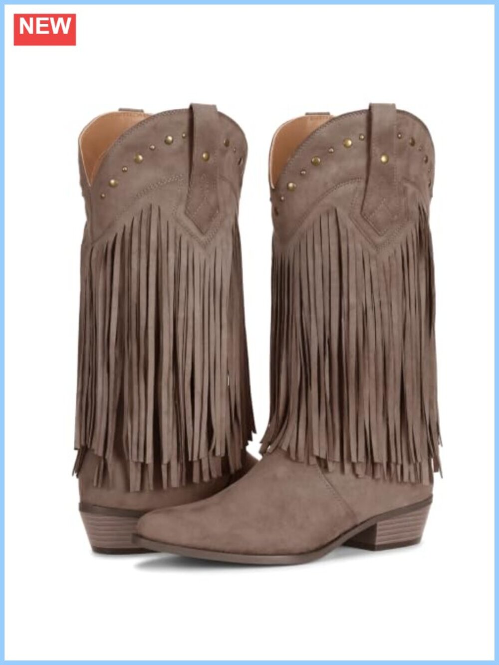 Faux Suede Fringe Cowboy Boots Pointed Toe Chunky Heel Mid Calf Western